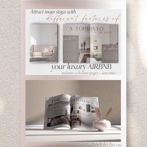 May include: A mock-up of a magazine spread advertising features of a luxury Airbnb. The magazine is open to a page titled "The Bedrooms" and another page titled "The Features". The magazine is sitting on a white surface with a vase of dried flowers.
