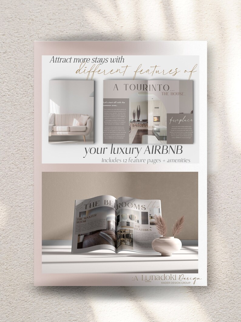 May include: A mock-up of a magazine spread advertising features of a luxury Airbnb. The magazine is open to a page titled "The Bedrooms" and another page titled "The Features". The magazine is sitting on a white surface with a vase of dried flowers.