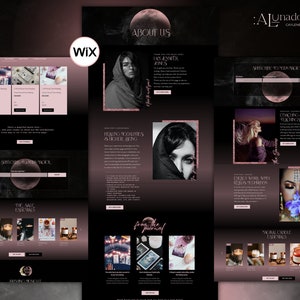 May include: A website homepage for a business called "Ajunadoki Design" featuring a dark background with a pink and white color scheme. The website features images of candles, crystals, and tarot cards. The text "Subscribe to our magic" is displayed on the website.