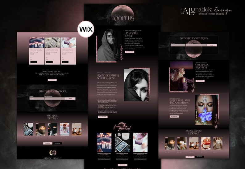 May include: A website homepage for a business called "Ajunadoki Design" featuring a dark background with a pink and white color scheme. The website features images of candles, crystals, and tarot cards. The text "Subscribe to our magic" is displayed on the website.