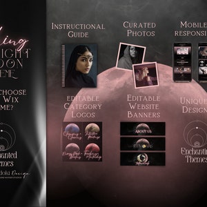May include: A Wix website template with a dark background and a pink moon. The text "Flushing Midnight Moon Theme" is displayed in a pink neon font. The template features editable category logos, website banners, and a unique design. The text "Why choose this Wix theme?" is displayed below the moon. The text "Enchanted Themes" is displayed below the text "Why choose this Wix theme?" and the text "Alunadoki Design" is displayed below the text "Enchanted Themes".