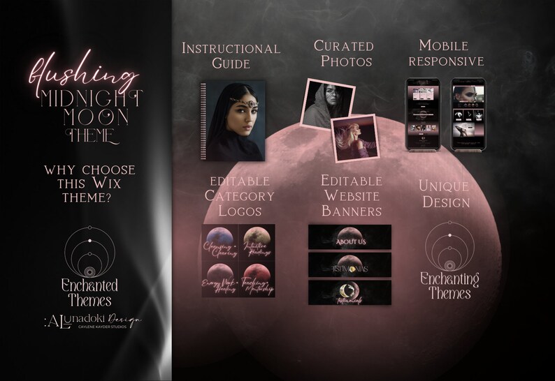 May include: A Wix website template with a dark background and a pink moon. The text "Flushing Midnight Moon Theme" is displayed in a pink neon font. The template features editable category logos, website banners, and a unique design. The text "Why choose this Wix theme?" is displayed below the moon. The text "Enchanted Themes" is displayed below the text "Why choose this Wix theme?" and the text "Alunadoki Design" is displayed below the text "Enchanted Themes".