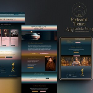 May include: Website mockup for a mystical booking service. The website features a dark blue and pink color scheme with a gold logo. The text "Mystical Bookings" is displayed in a large font at the top of the page. The website also includes images of a teapot, a woman in a field, and a woman in a forest.