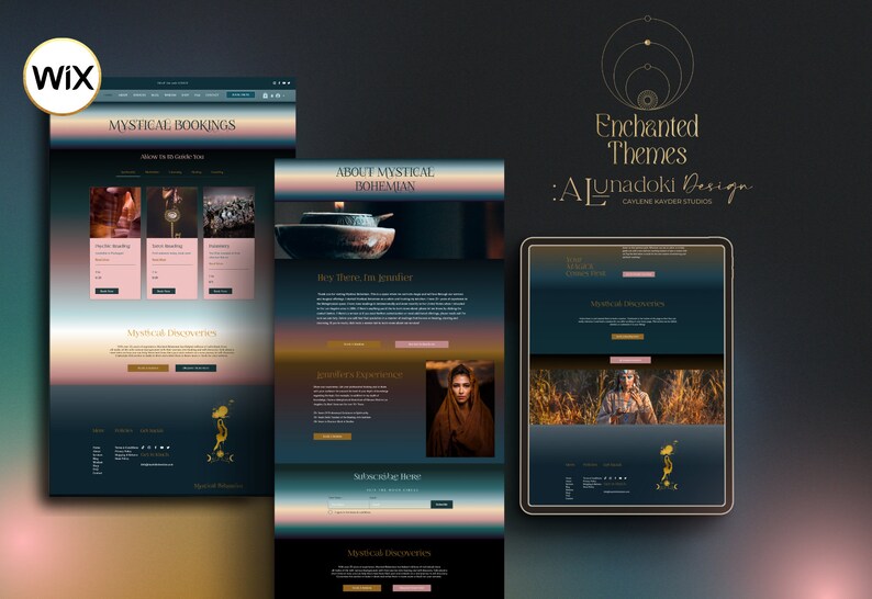 May include: Website mockup for a mystical booking service. The website features a dark blue and pink color scheme with a gold logo. The text "Mystical Bookings" is displayed in a large font at the top of the page. The website also includes images of a teapot, a woman in a field, and a woman in a forest.