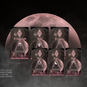 May include: A set of 73 digital templates for Instagram stories featuring a pink moon and illustrations of the 22 Major Arcana tarot cards. The text "73 TEMPLATES (TOTAL)", "51 INSTAGRAM STORIES", "22 MAJOR ARCANA", and "100% ORIGINAL DESIGN" is visible at the bottom of the image.