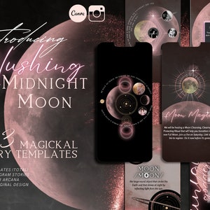 May include: A digital illustration of a pink moon with the text "Blushing Midnight Moon" and "73 Magical Story Templates". The image also includes a variety of other moon-themed illustrations, including a crescent moon, a full moon, and a moon with stars.
