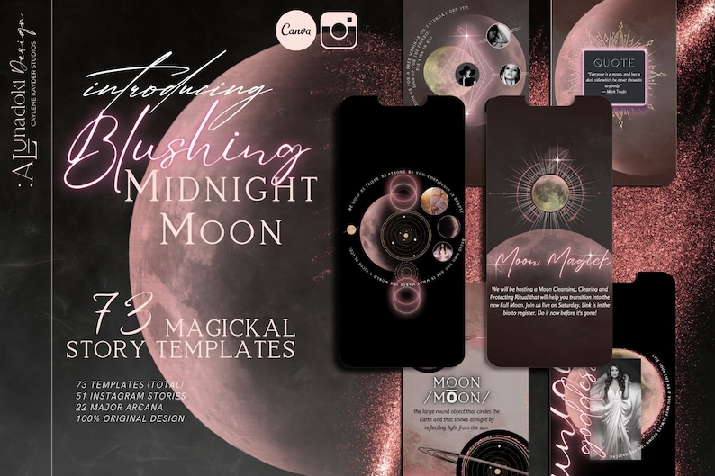 May include: A digital illustration of a pink moon with the text "Blushing Midnight Moon" and "73 Magical Story Templates". The image also includes a variety of other moon-themed illustrations, including a crescent moon, a full moon, and a moon with stars.