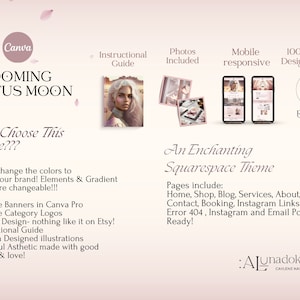 May include: A digital design advertisement with the text "Blooming Lotus Moon" and "An Enchanting Squarespace Theme." The design includes images of a woman, photos, and mobile phone mockups. The design is in shades of pink and white.