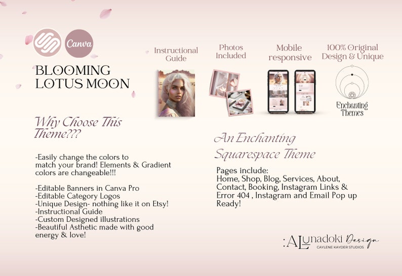 May include: A digital design advertisement with the text "Blooming Lotus Moon" and "An Enchanting Squarespace Theme." The design includes images of a woman, photos, and mobile phone mockups. The design is in shades of pink and white.