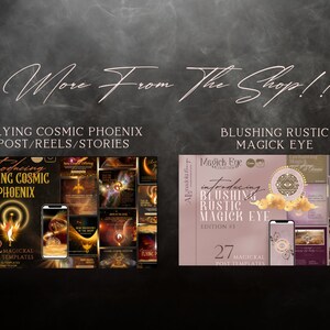 May include: Two digital product mockups for social media. The first mockup is a collection of 42 social media templates featuring a golden phoenix design. The second mockup is a collection of 27 social media templates featuring a pink and gold eye design. Both mockups include the text "Introducing" and "Magick Eye".