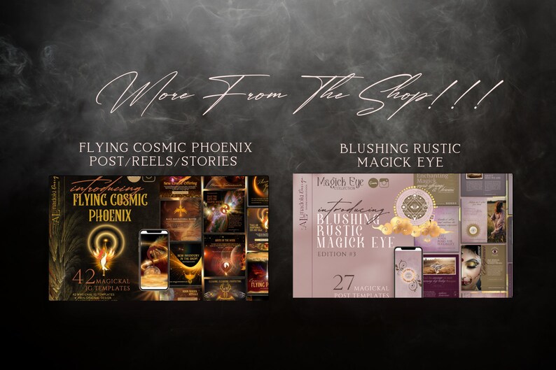 May include: Two digital product mockups for social media. The first mockup is a collection of 42 social media templates featuring a golden phoenix design. The second mockup is a collection of 27 social media templates featuring a pink and gold eye design. Both mockups include the text "Introducing" and "Magick Eye".