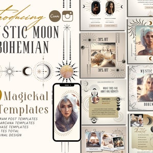 Puede incluir: Un conjunto de 90 plantillas de Instagram con un tema de luna mística y bohemia. Las plantillas incluyen 60 plantillas de publicación de Instagram, 22 plantillas de arcanos mayores y 8 plantillas de fase lunar. Las plantillas son 100% de diseño original.