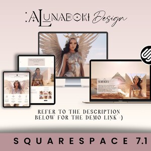 Op de afbeelding: Een website-ontwerptemplate voor Squarespace 7.1. De template toont een woestijnlandschap met een vrouw in een gouden kostuum en engelenvleugels. De tekst "SERVICES" is zichtbaar op de website.