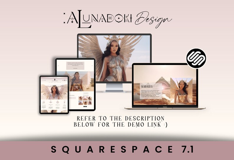 Op de afbeelding: Een website-ontwerptemplate voor Squarespace 7.1. De template toont een woestijnlandschap met een vrouw in een gouden kostuum en engelenvleugels. De tekst "SERVICES" is zichtbaar op de website.