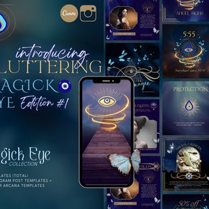 Puede incluir: Una colección de 72 plantillas digitales para publicaciones de Instagram con el diseño "Magick Eye". Las plantillas presentan un símbolo de ojo turco azul y blanco, mariposas y una variedad de fondos. Las plantillas son perfectas para cualquiera que quiera crear contenido llamativo y atractivo para sus redes sociales.