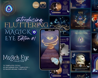 Spiritual Instagram Template Bundle, Evil Eye Posts, Magick Third Eye, Astrology, Boho Instagram, Blue Gold IG, Tarot Card, Mystical Canva