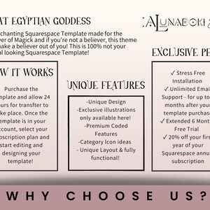 Op de afbeelding: Een grafisch ontwerp sjabloon voor Squarespace met een Egyptische godin thema. De tekst "GREAT EGYPTIAN GODDESS" staat bovenaan de afbeelding. De tekst "HOW IT WORKS" staat in een vak aan de linkerkant van de afbeelding. De tekst "UNIQUE FEATURES" staat in een vak in het midden van de afbeelding. De tekst "EXCLUSIVE PERKS" staat in een vak aan de rechterkant van de afbeelding. De tekst "WHY CHOOSE US?" staat onderaan de afbeelding.