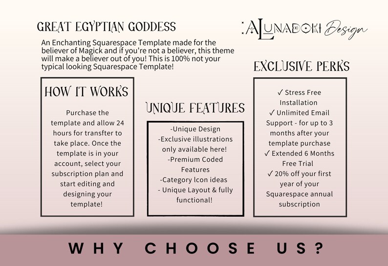 Op de afbeelding: Een grafisch ontwerp sjabloon voor Squarespace met een Egyptische godin thema. De tekst "GREAT EGYPTIAN GODDESS" staat bovenaan de afbeelding. De tekst "HOW IT WORKS" staat in een vak aan de linkerkant van de afbeelding. De tekst "UNIQUE FEATURES" staat in een vak in het midden van de afbeelding. De tekst "EXCLUSIVE PERKS" staat in een vak aan de rechterkant van de afbeelding. De tekst "WHY CHOOSE US?" staat onderaan de afbeelding.