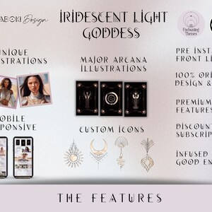 May include: An advertisement for "Iridescent Light Goddess" featuring illustrations, custom icons, and mobile responsiveness. The design includes images of women, tarot cards, and stylized icons. Text highlights features like original design and premium features.
