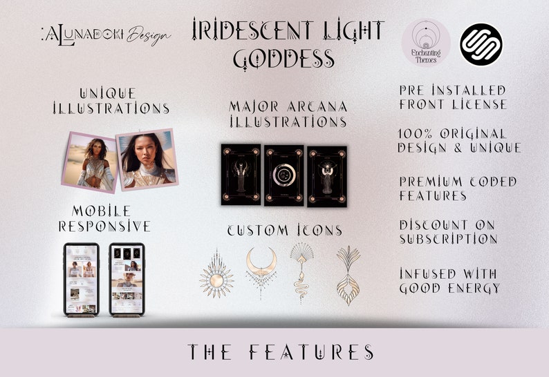 May include: An advertisement for "Iridescent Light Goddess" featuring illustrations, custom icons, and mobile responsiveness. The design includes images of women, tarot cards, and stylized icons. Text highlights features like original design and premium features.