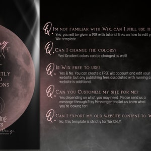 May include: A graphic with a pink moon and the text "Flushing Midnight Moon Theme" and "Frequently Asked Questions". The graphic also includes the text "Enchanting Themes" and "Alunadoki Design". The graphic also includes a list of frequently asked questions about the theme, including "I'm not familiar with Wix. Can I still use this template?", "Can I change the colors?", "Is Wix free to use?", "Can you customize my site for me?", and "Can I export my old website content to Wix?"