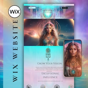 May include: A website screenshot for a business called "Visionary Dream Catcher". The website features a woman with long flowing hair and a dream catcher. The text "Grow Your Vision" and "Exceptional Influence" is displayed on the website. The website is designed to be visually appealing and inviting.