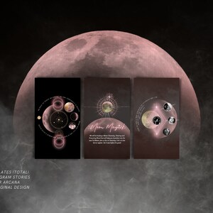 May include: Three digital templates for social media featuring a pink moon with a celestial design. The text on the templates reads "Moon Magtek" and "We will be hosting a Moon Clearing Ceremony and New Full Moon ritual on a Saturday (12:00 pm PST) to help us together, to refine the best in you."