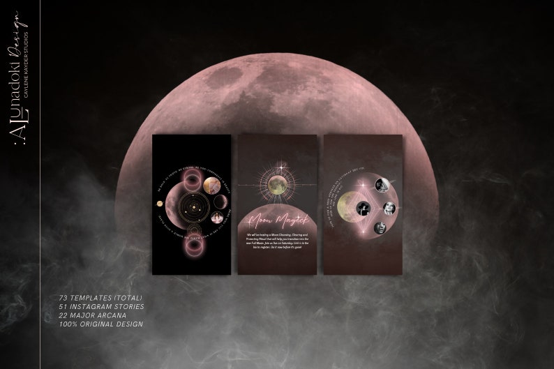 May include: Three digital templates for social media featuring a pink moon with a celestial design. The text on the templates reads "Moon Magtek" and "We will be hosting a Moon Clearing Ceremony and New Full Moon ritual on a Saturday (12:00 pm PST) to help us together, to refine the best in you."