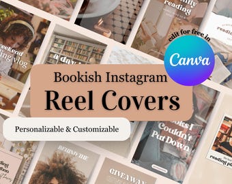 May include: A collage of Instagram Reel covers with a bookish theme. The covers feature text such as "Bookish Instagram Reel Covers", "Personalizable & Customizable", and "edit for free in Canva". The color palette includes beige, brown, and white.