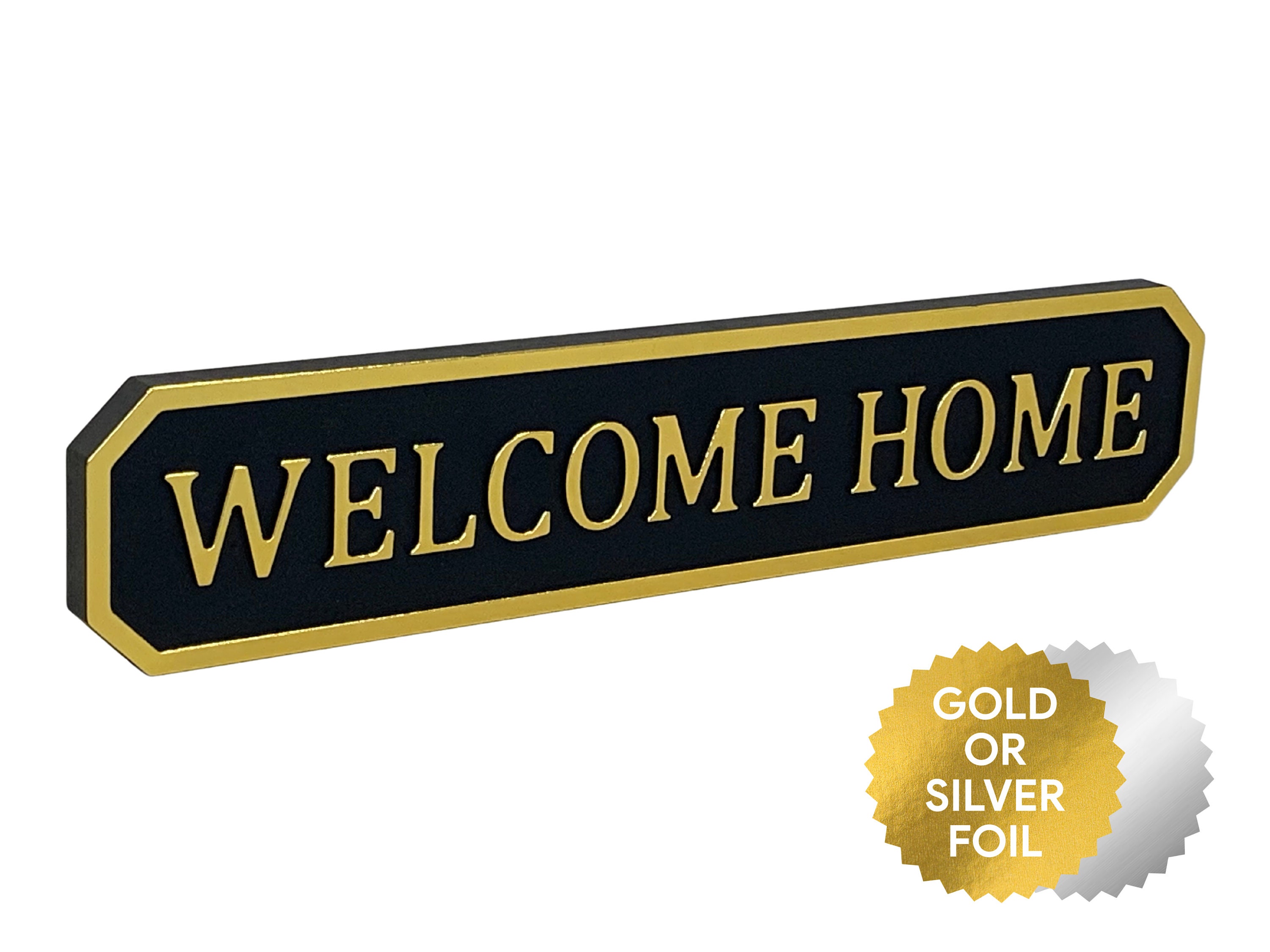 Black MDF Indoor Sign Foil Stamped Lettering Silver/Gold Various Designs