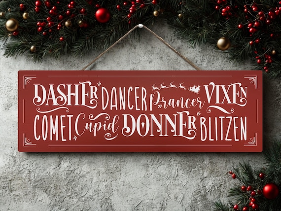 Santa's Reindeer Christmas Sign - Wooden Hanging Plaque | Festive Wall Decor