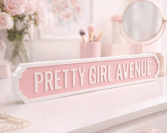 Pink Wooden Pretty Girl Avenue Sign: Vintage Style Bedroom Decor