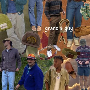 May include: A collage of various outdoor-themed clothing and accessories. Items include hats, sweaters, jackets, pants, bags, and shoes in earthy tones. The text "granola guy" is displayed in the center. The overall aesthetic is casual and outdoorsy.