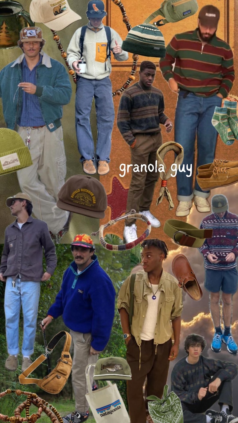 May include: A collage of various outdoor-themed clothing and accessories. Items include hats, sweaters, jackets, pants, bags, and shoes in earthy tones. The text "granola guy" is displayed in the center. The overall aesthetic is casual and outdoorsy.