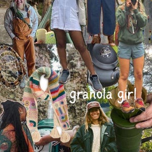 May include: A collage featuring various outdoor-themed items and people. The text "granola girl" is visible. Items include a colorful scarf, a bracelet with a flower, a camera, and a green thermos. People are wearing overalls, shorts, and jackets.