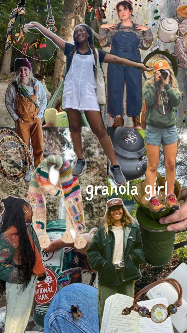 May include: A collage featuring various outdoor-themed items and people. The text "granola girl" is visible. Items include a colorful scarf, a bracelet with a flower, a camera, and a green thermos. People are wearing overalls, shorts, and jackets.