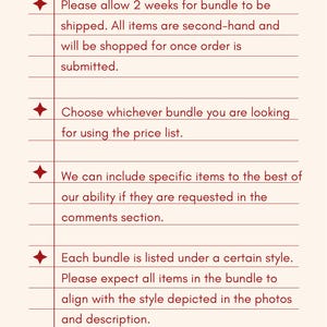May include: A cream-colored page with the word "NOTES" in a burgundy font at the top. The page contains bullet points with text about bundles, including shipping times, item condition, and style alignment.