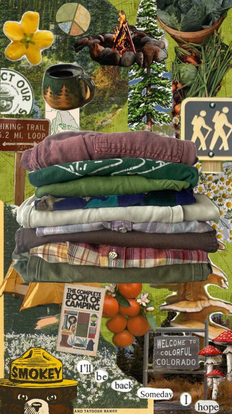 May include: A collage featuring a stack of folded shirts in various colors, including green, brown, and plaid. The image includes camping-themed elements like a campfire, a Smokey Bear badge, and a sign that says "Welcome to Colorful Colorado."