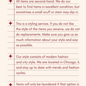 May include: Cream-colored card with the word "NOTES" in burgundy text. The card contains bullet points with text about second-hand items, styling services, modern fashion, and laundering options.