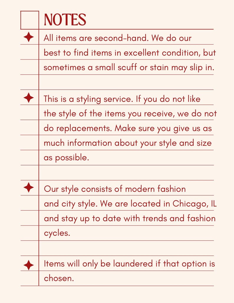 May include: Cream-colored card with the word "NOTES" in burgundy text. The card contains bullet points with text about second-hand items, styling services, modern fashion, and laundering options.