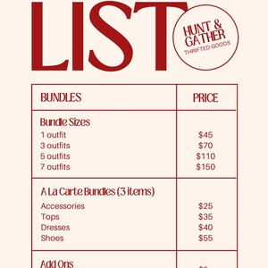 May include: Price list graphic with the text "PRICE LIST" in large, red letters. The graphic includes pricing for bundles of outfits and a la carte bundles of accessories, tops, dresses, and shoes. The Hunt & Gather logo is in the top right corner.