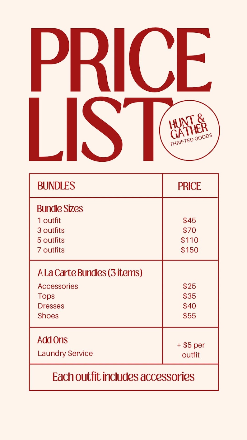 May include: Price list graphic with the text "PRICE LIST" in large, red letters. The graphic includes pricing for bundles of outfits and a la carte bundles of accessories, tops, dresses, and shoes. The Hunt & Gather logo is in the top right corner.