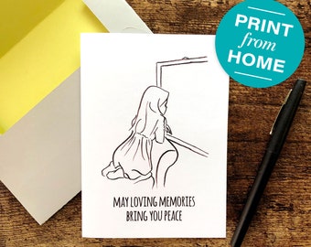 Printable Sympathy Card with Line Drawing and message "May loving memories bring you peace" (includes free printable envelope template)