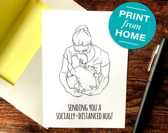 Printable Social Distance Hug Card with Hand-drawn Art (includes free printable envelope template!)