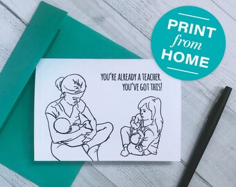 Printable Homeschooling Mom Card with Line Art of Mom Breastfeeding Baby while Child "Nurses" Doll (incl. free printable envelope template)