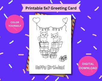 Tarjeta para colorear de cumpleaños digital, tarjeta de cumpleaños de gato divertido, tarjeta de felicitación para colorear, cumpleaños, feliz cumpleaños, descarga instantánea, colorear usted mismo, 5x7