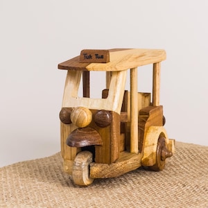 Wooden Handmade Thailand Siam Asean Taxi Bangkok Tuk-Tuk Three Wheels Street Toy Model (3.5 inches)