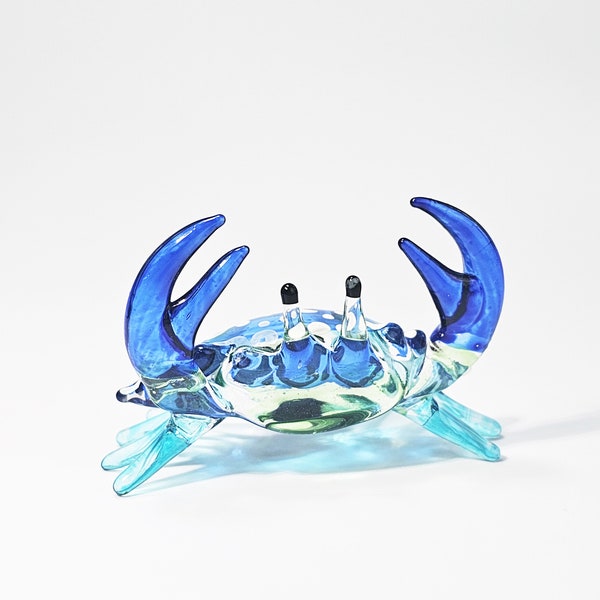 Handmade Art Paint Crab Blown Glass (Blue) (3inches) Animal Ocean marine sea life coastal Figurine mini Sculpture Gift and Aqua Decoration