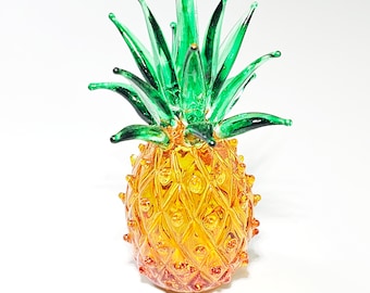 3-Inch Pineapple Art Blown Glass Figurine : Decorative Yellow Green Orange Fruit Sculpture for Bedroom Decor & Gifts