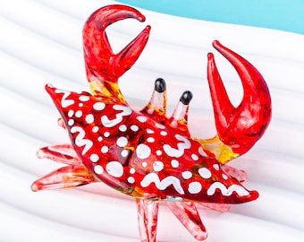 Thai Handmade-handcraft minimal Art Painted Crab Blown Glass (Red) (3inches) Animal Sealife figurine decorator souvenirs gift